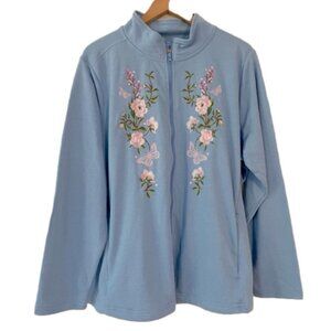 New Penmans Light Blue Floral Embroidered Zip Up Sweatshirt Plus Size 1X bin 2E